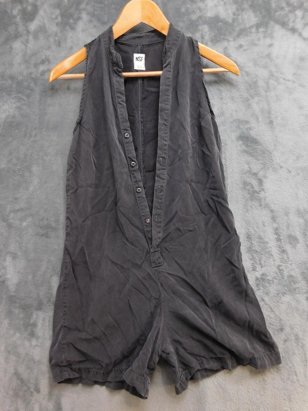 NSF Dress Womens S Black Tank Romper Short V-Neck Twill Pockets Button Casual